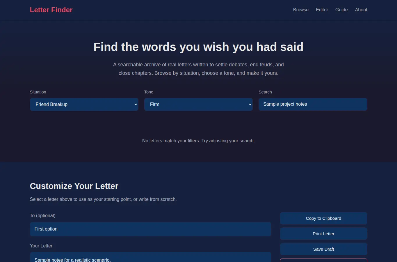 Screenshot of Argument Settlement Letter Finder interface showing the project page in use